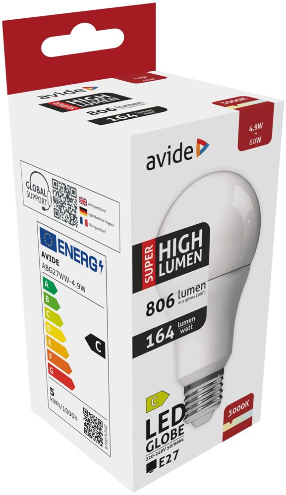 LED žárovka E27 4,9W 3000K s vysokou účinností 164lm/W